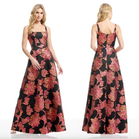 Dress the Population Dresses & Skirts - Dress the Population Black Maxi Dress with Pink and Gold Floral Brocade XL